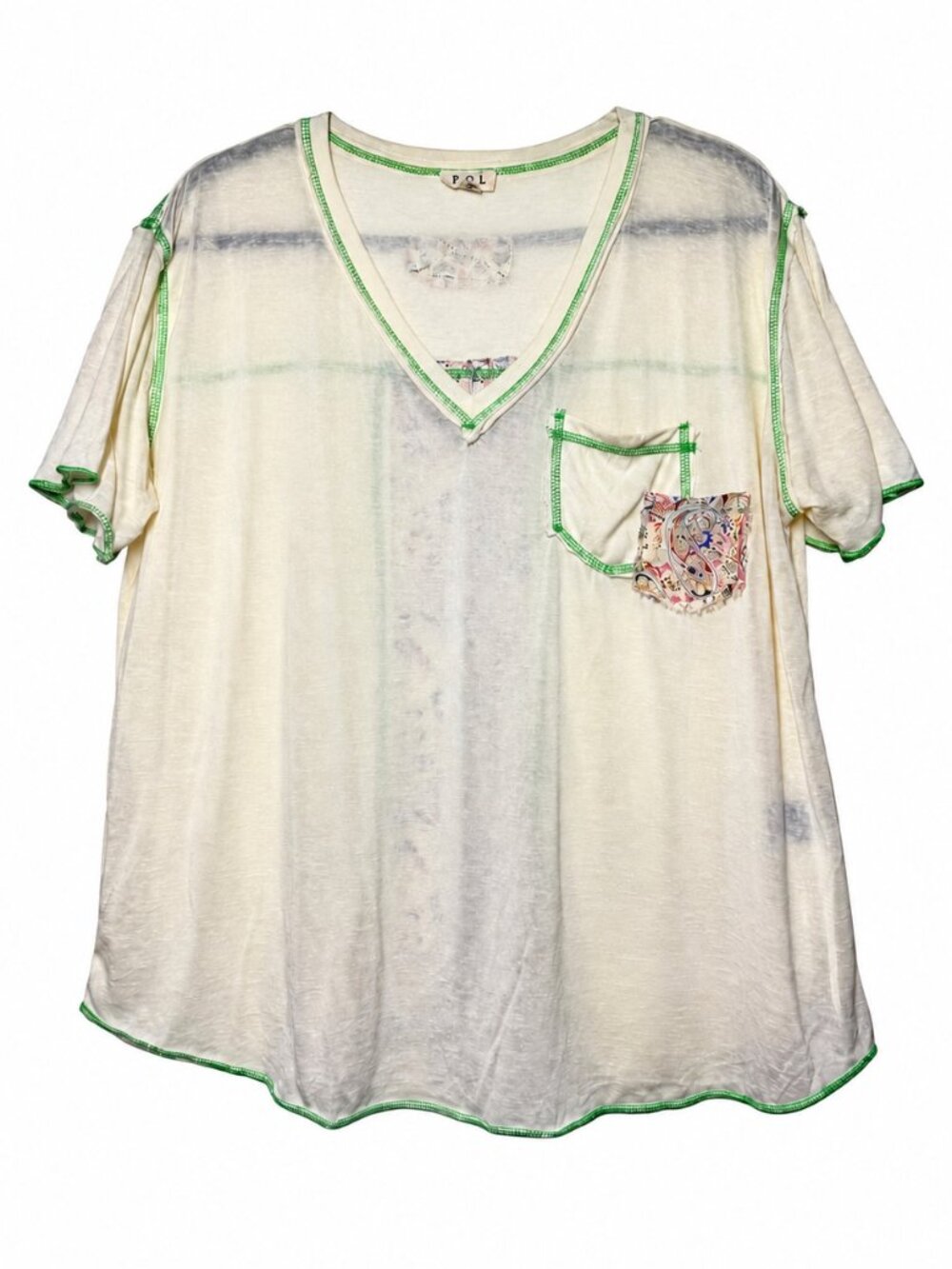 POL V-Neck Boho Paisley Patchwork Slub Knit Top Ivory Green L NWOT